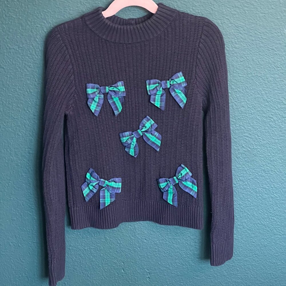 Janie and Jack Navy Blue Ribbed Sweater with Plaid Bows - EUC